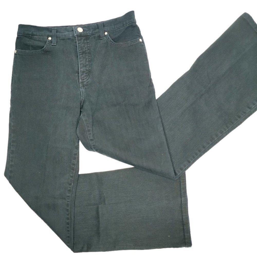 NYDJ EUC Women's 6 High Rise Boot Cut Silver Tone Studs Black Denim Jeans